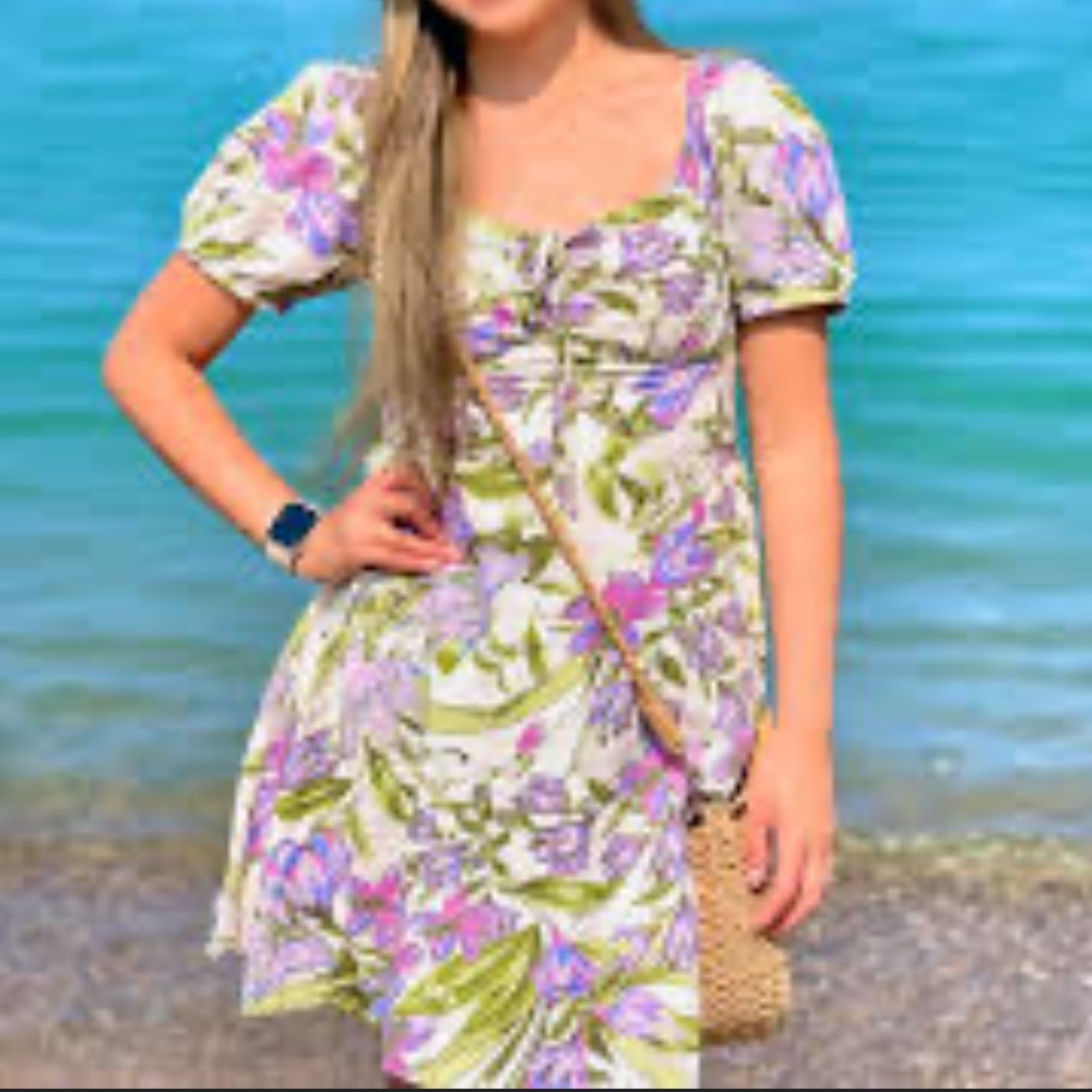 Japna Purple and Green Puff Sleeve Mini Sundress